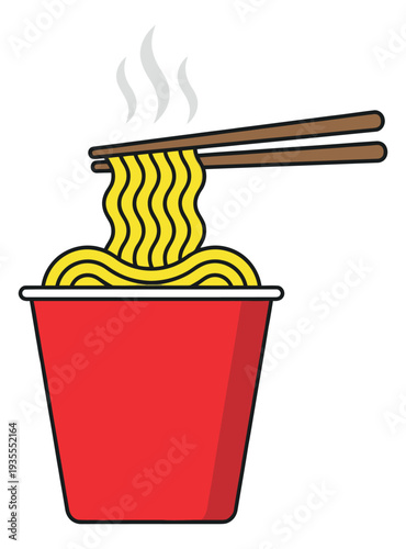 Simple line art illustration of instant ramen noodles in a cup depicting hot noodles being picked up by chopsticks for a fast food or Asian dining concept