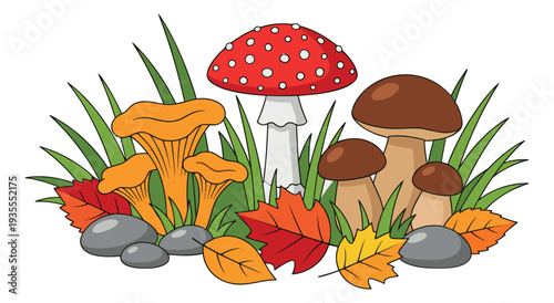 Cartoon style autumn forest elements set featuring various mushrooms, colorful leaves, grass, and stones for fall season designs