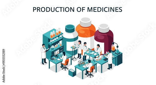 Isometric illustration of people working in a pharmaceutical factory with large medicine bottles and industrial equipment.