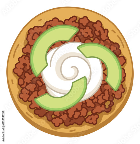 Cartoon illustration of a tostada depicting ground meat, sour cream, and avocado slices for mexican food design
