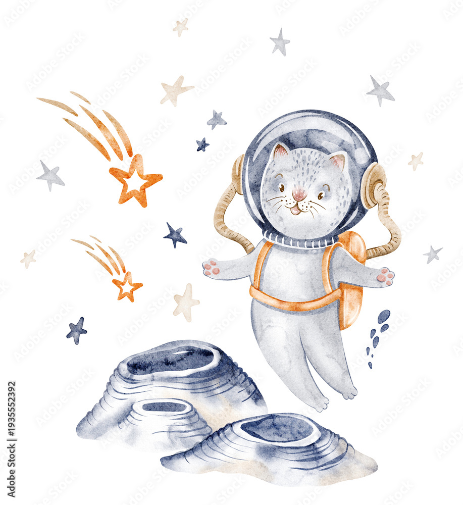 Fototapeta premium Space animal illustration of a cute astronaut cat in space. Watercolor hand painted drawing with planets and stars. Perfect for kids cards, nursery art, or birthday posters.