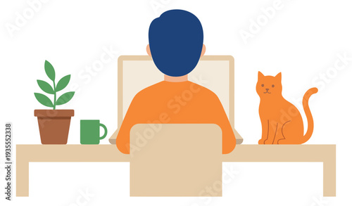 Flat design illustration of a person depicting working from home with a cat and plant for remote work concepts