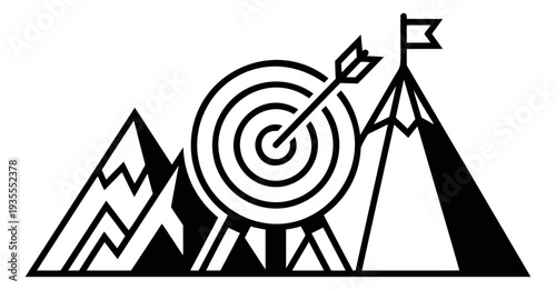 Minimalist line art illustration of a target and mountains depicting successful goal achievement for business concept
