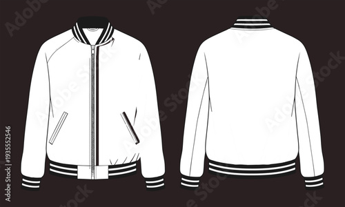 Bomber, jacket, technical, fashion, flat, sketch, front, back, view, zipper, ribbed, collar, pockets, apparel, clothing, template, vector, illustration, isolated, design