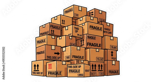 Stack of Cardboard Boxes Fragile Label.