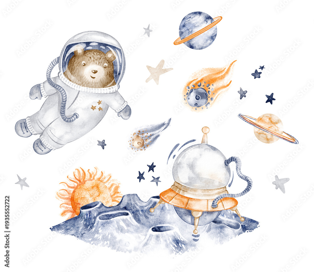 Fototapeta premium Space animal bear illustration in watercolor. Hand painted style shows cute astronaut creatures. Perfect for children room, nursery art, cards, and posters.