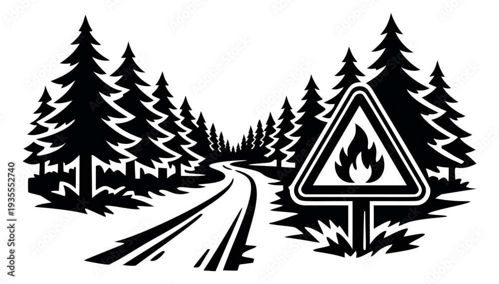 Obraz premium Graphic illustration of a winding road, pine trees, and a fire warning sign depicting potential wildfire danger for outdoor safety
