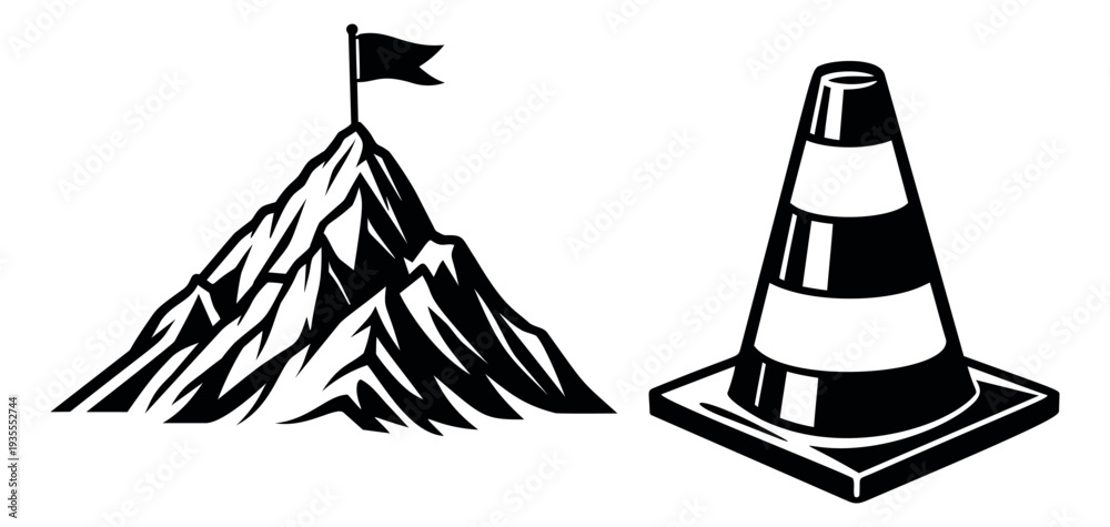Fototapeta premium Stylized line art icon set featuring a mountain with a flag and a traffic cone for business and safety concepts