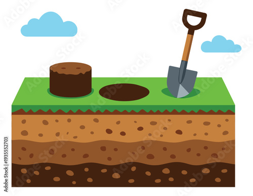 Cartoon style illustration of digging a hole depicting a shovel in the ground and soil layers for gardening or construction