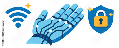 Modern flat icon set featuring a robotic hand, wifi signal, and security shield for technology and data protection
