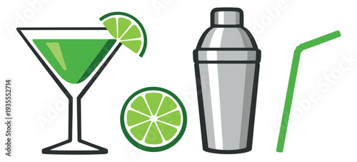 Simple line art cocktail set featuring a martini glass, shaker, lime, and straw for refreshing drinks and bar concepts