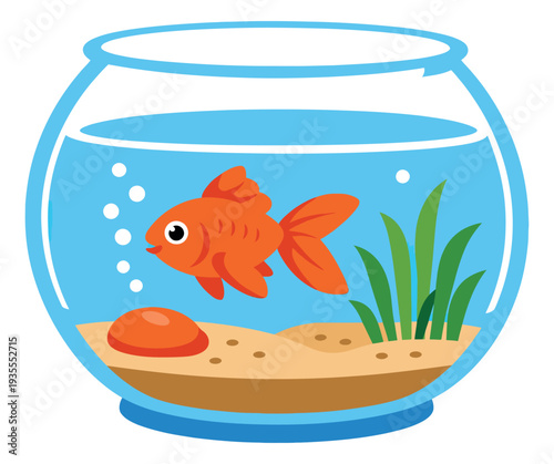 Cartoon style illustration of a goldfish in a fishbowl depicting swimming for children's design