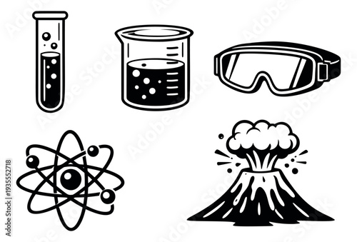 Doodle style line art science elements set featuring a test tube, beaker, safety goggles, atom, and erupting volcano for scientific education