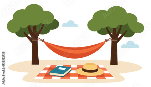 Flat illustration of an outdoor retreat depicting a hammock between trees and picnic items for summer leisure