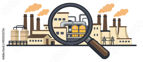 Flat design illustration of an industrial factory depicting details under a magnifying glass for business analysis