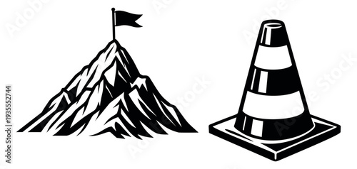 Stylized line art icon set featuring a mountain with a flag and a traffic cone for business and safety concepts