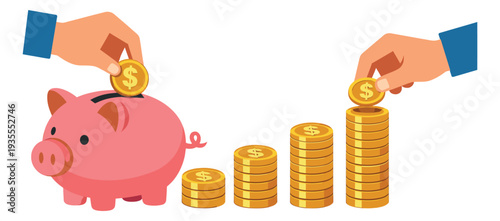 Flat design financial illustration set featuring hands, a piggy bank, and stacks of gold coins for investment and wealth management