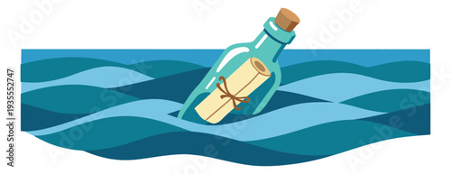 Cartoon style illustration of a message in a bottle depicting it floating on ocean waves for a communication concept