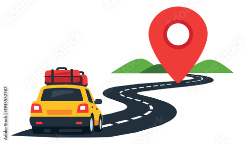 Flat design illustration of a yellow car driving towards a map pin destination for travel and exploration concepts