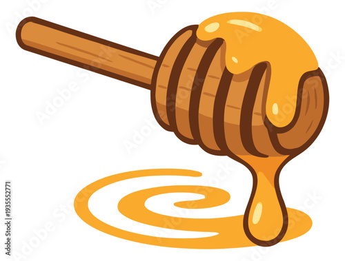 Cartoon hand drawn illustration of a honey dipper depicting golden honey dripping for sweet food concepts