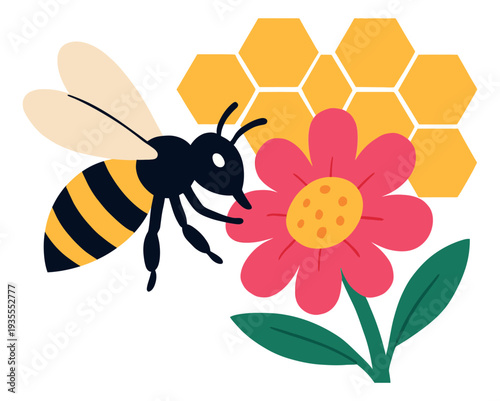 Colorful graphic illustration of a bee approaching a flower and honeycomb depicting pollination for nature