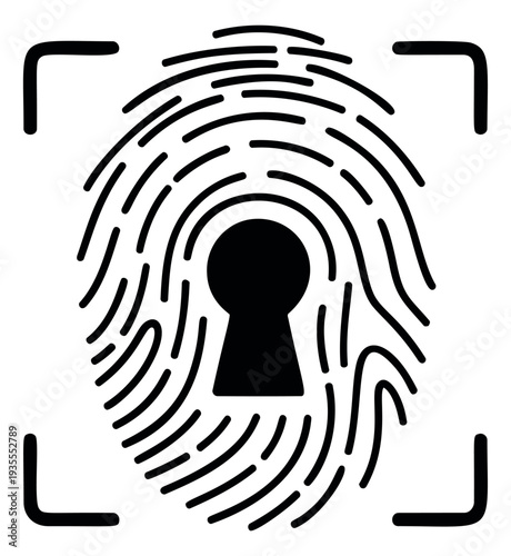 Minimalist graphic illustration of a fingerprint with a keyhole depicting secure access for biometric identification