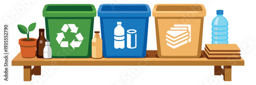 Flat design recycling bins set featuring different colored bins and sorted waste items for environmental protection