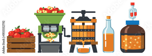Flat design apple cider making process set featuring a crate of apples, a grinder, a press, juice, and fermentation for homemade beverage production