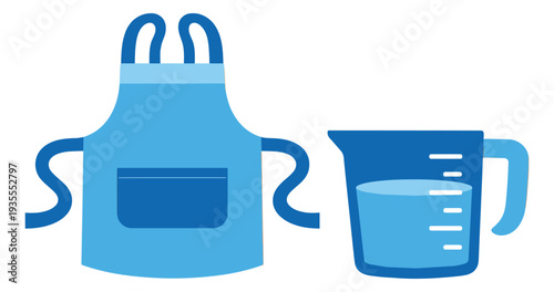 Flat design kitchen tools set featuring an apron and a measuring cup for culinary concepts