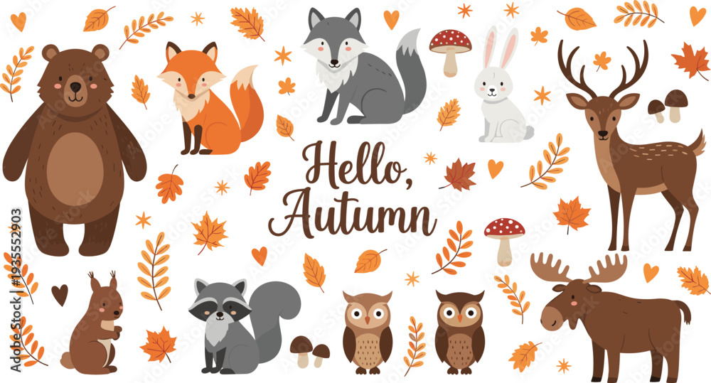 Fototapeta premium Hello Autumn Woodland Animals Cartoon Collection with Bear, Fox, Wolf, Deer, Moose, Owl and Fall Leaves Vector Set