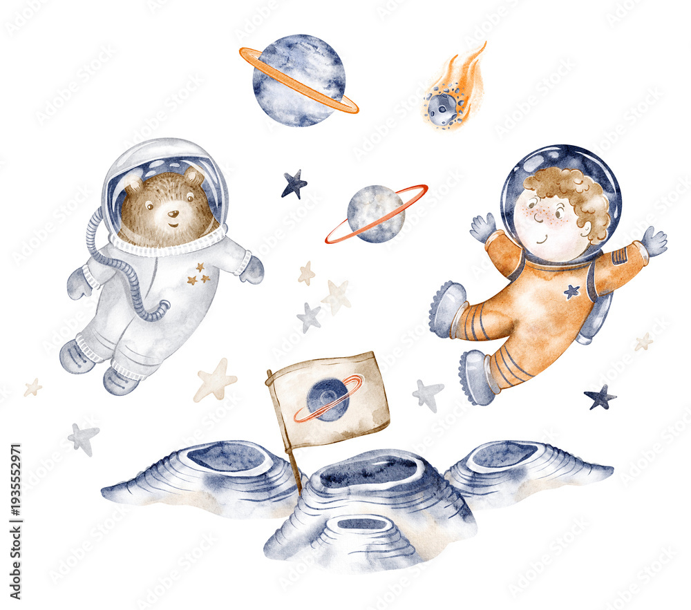 Fototapeta premium Space astronaut illustration watercolor hand painted. Cartoon galaxy scene with planet, moon, stars, spaceship, cute bear in space suit. Poster, printable wall art for children, kindergarten design.