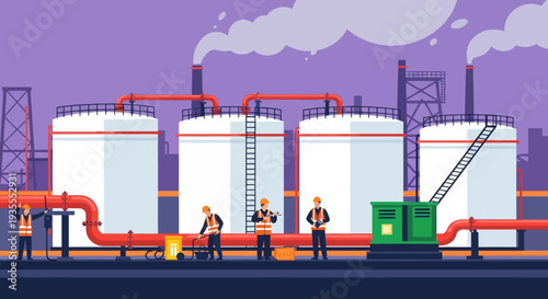 Industrial workers operating machinery at a large factory with smokestacks and pipelines on a purple background