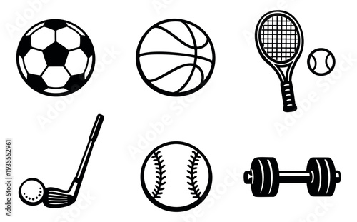 Black and white line art sports equipment set featuring various balls, a tennis racket, golf club, and dumbbell for fitness and games