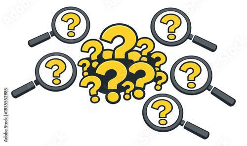 Modern line art search and question elements set featuring magnifying glasses and question marks for problem-solving and information seeking