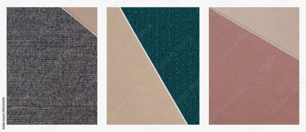 Fototapeta premium Geometric fabric texture samples in gray, beige, teal and pink.