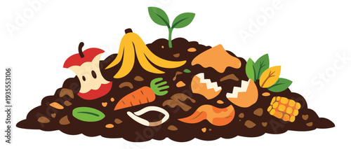 Colorful flat design illustration of a compost pile depicting organic waste turning into soil for gardening and recycling concepts
