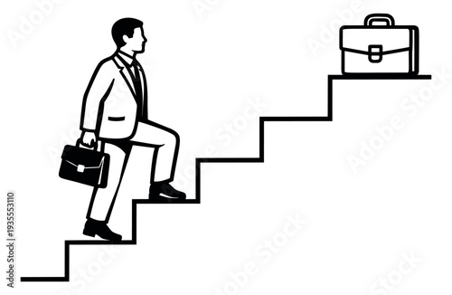 Line art illustration of a businessman depicting climbing stairs towards a briefcase for career achievement