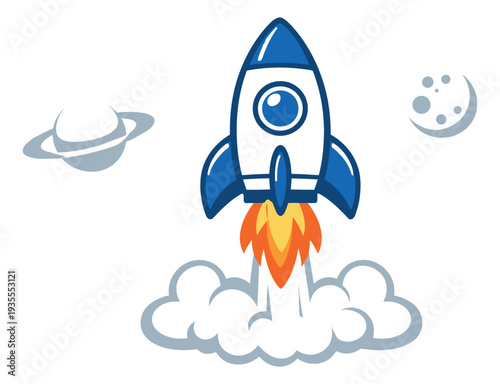 Graphic illustration of a rocket depicting taking off for space exploration and new beginnings