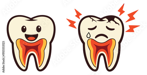 Cartoon dental set featuring a healthy happy tooth and an unhealthy sad tooth with pain for oral hygiene concepts