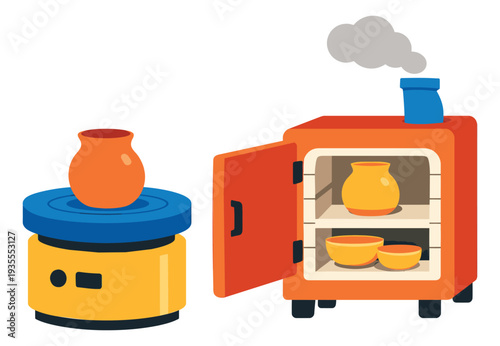 Flat design pottery equipment set featuring a pottery wheel and kiln with ceramic items for crafting