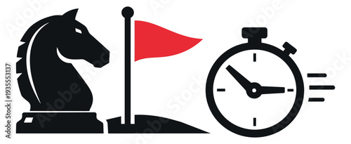 Bold graphic icon set featuring a chess knight, a red flag, and a stopwatch for business strategy and time management