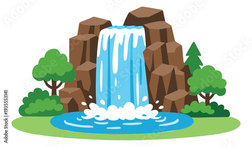 Cartoon illustration of a waterfall depicting flowing water and a small pond for an outdoor nature scene