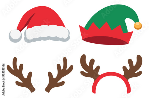 Flat design holiday costume accessories set featuring a santa hat, an elf hat, and reindeer antlers for Christmas celebrations