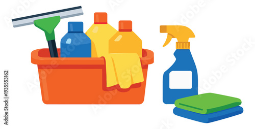 Flat design cleaning tools set featuring a bucket with various detergent bottles, a squeegee, spray bottle, and cloths for household chores