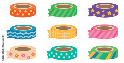 Cute flat design washi tape set featuring nine rolls with various patterns for crafting and stationery projects