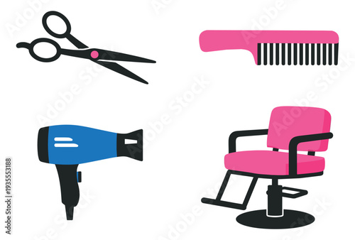 Stylized hairdresser tools set featuring scissors, comb, hairdryer, and salon chair for hair care and styling