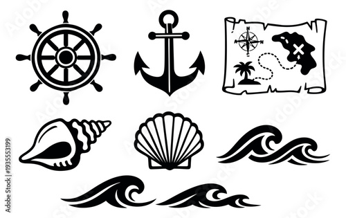 Line art nautical set featuring a ship's wheel, anchor, treasure map, seashells and waves for maritime adventure