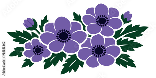 Stylized graphic floral set featuring purple anemone flowers, green leaves, and buds for decorative designs