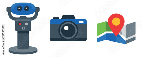 Modern flat travel icon set featuring sightseeing binoculars, a camera and a map with a location pin for tourism and navigation