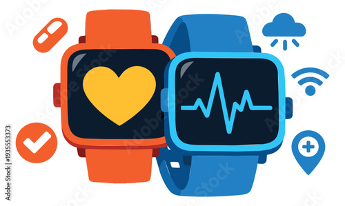 Flat design smartwatch health icons set featuring two smartwatches with heart and heart rate displays, surrounded by medical and technology symbols for digital health and fitness tracking